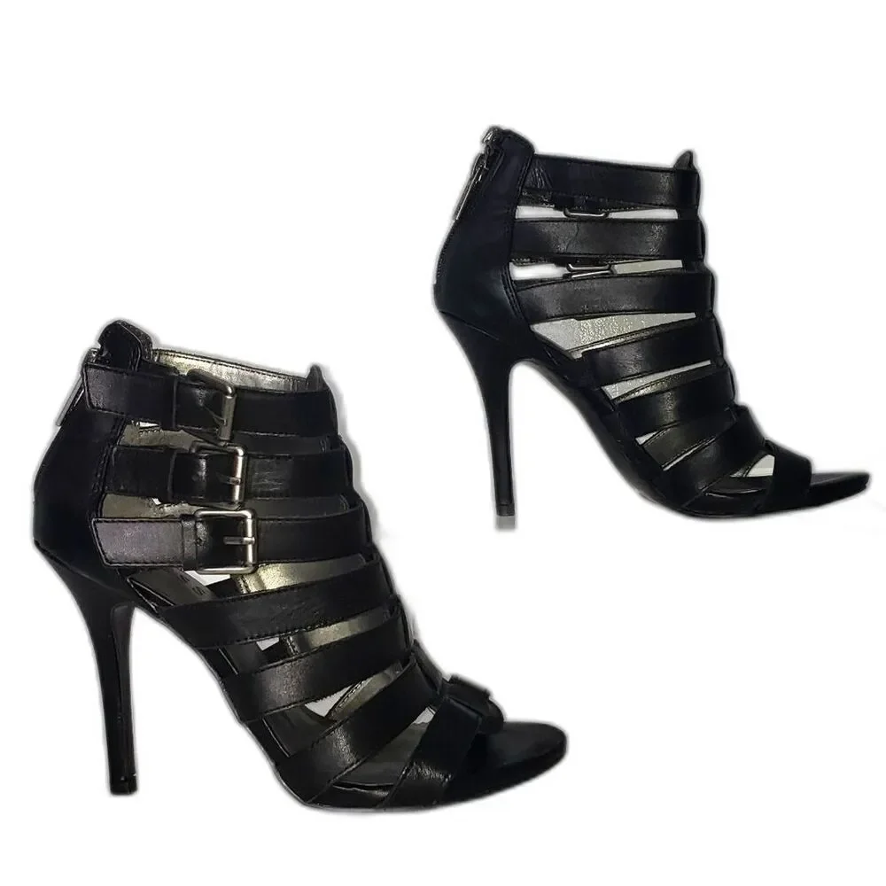 GUESS Black Leather Strappy Cage Buckle High Heel Bootie Shoes Womens Size 7